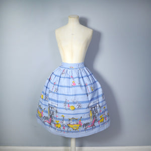 50s BLUE STRIPED NOVELTY COTTON FULL SKIRT WITH HORSE AND CARRIAGE BORDER PRINT - 30"