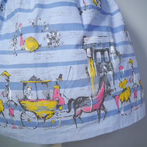 50s BLUE STRIPED NOVELTY COTTON FULL SKIRT WITH HORSE AND CARRIAGE BORDER PRINT - 30"