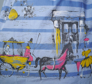 50s BLUE STRIPED NOVELTY COTTON FULL SKIRT WITH HORSE AND CARRIAGE BORDER PRINT - 30"