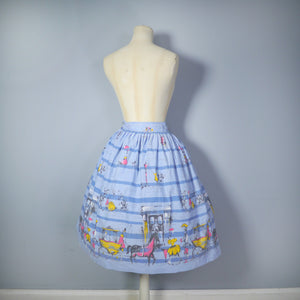 50s BLUE STRIPED NOVELTY COTTON FULL SKIRT WITH HORSE AND CARRIAGE BORDER PRINT - 30"