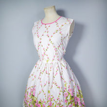 Load image into Gallery viewer, 50s PINK AND WHITE FLORAL BORDER PRINT SPRING / SUMMER COTTON DRESS - S