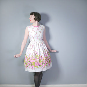 50s PINK AND WHITE FLORAL BORDER PRINT SPRING / SUMMER COTTON DRESS - S
