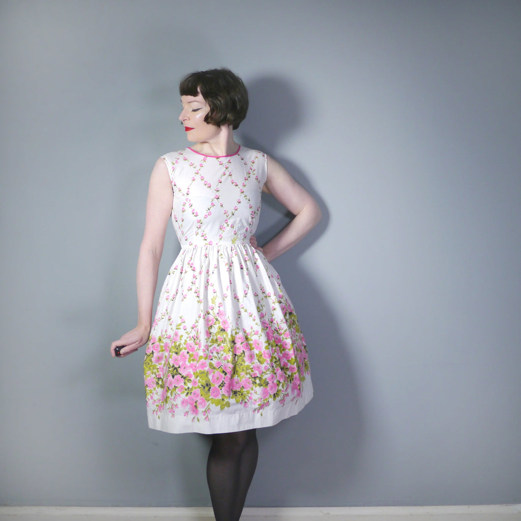 50s PINK AND WHITE FLORAL BORDER PRINT SPRING / SUMMER COTTON DRESS - S