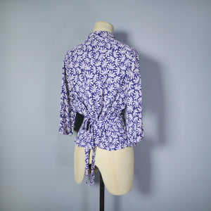 40s PALM TREE PRINT RAYON BLOUSE IN BLUE AND WHITE - M