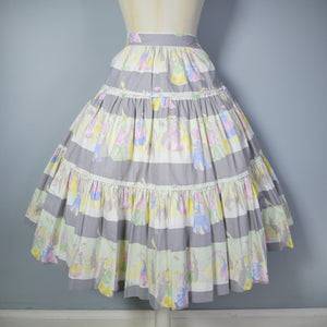 60s/70s does 50s SKIRTEX GREY COTTON TIERED NOVELTY VICTORIAN SPECTATOR SCENE SKIRT - 26"