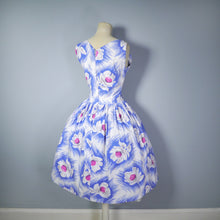Load image into Gallery viewer, 50s BLUE WHITE FLORAL COTTON DAY DRESS WITH ASYMMETRIC NECKLINE AND BOW - S