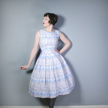 Load image into Gallery viewer, 50s PALE BLUE NOVELTY DRESS IN ROMANTIC LADY AND COURTIER PRINT - XS-S