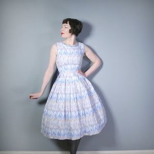 50s PALE BLUE NOVELTY DRESS IN ROMANTIC LADY AND COURTIER PRINT - XS-S