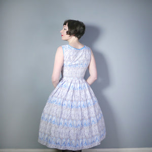 50s PALE BLUE NOVELTY DRESS IN ROMANTIC LADY AND COURTIER PRINT - XS-S