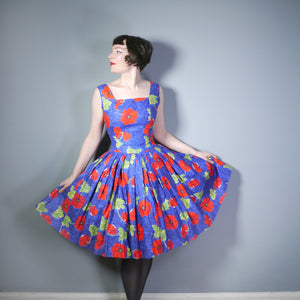 BLUE 50s COTTON FULL SKIRT DRESS WITH AMAZING LARGE RED POPPY FLORAL PRINT - S