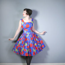 Load image into Gallery viewer, BLUE 50s COTTON FULL SKIRT DRESS WITH AMAZING LARGE RED POPPY FLORAL PRINT - S