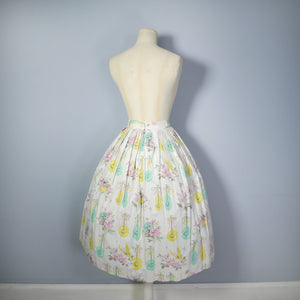 50s PASTEL NOVELTY SKIRT WITH BUTTERFLIES, MANDOLINS AND FRUIT BASKETS - 24"