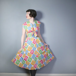 50s BRIGHT AND COLOURFUL FLORAL COTTON DAY DRESS - S