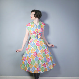 50s BRIGHT AND COLOURFUL FLORAL COTTON DAY DRESS - S
