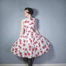 Load image into Gallery viewer, FANTASTIC RED FLORAL 50s COTTON DRESS WITH CIRCLE SKIRT AND COLLAR - M