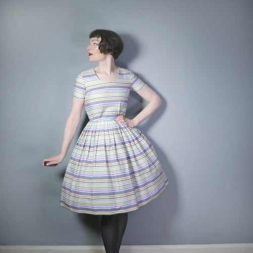 GREY AND WHITE RAINBOW STRIPE 50s COTTON DAY DRESS - S