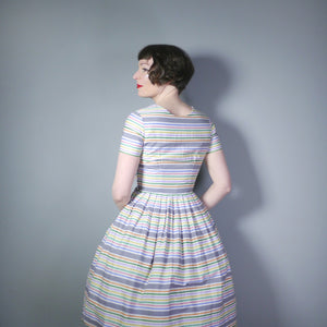 GREY AND WHITE RAINBOW STRIPE 50s COTTON DAY DRESS - S