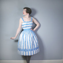 Load image into Gallery viewer, 50s 2 PIECE BLUE FLORAL FULL SKIRT AND PEPUM SUN TOP / DRESS SET - XS