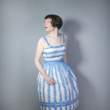 Load image into Gallery viewer, 50s 2 PIECE BLUE FLORAL FULL SKIRT AND PEPUM SUN TOP / DRESS SET - XS