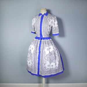 BLUE AND WHITE 50s PAISLEY SCARF PRINT RHONA ROY COTTON DRESS - S