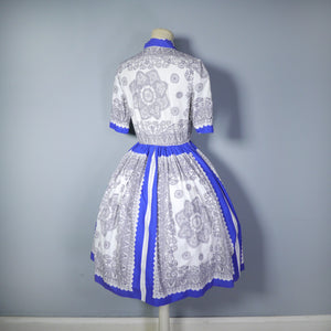 BLUE AND WHITE 50s PAISLEY SCARF PRINT RHONA ROY COTTON DRESS - S
