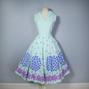 50s FLORAL BORDER PRINT MINT COLOURED COTTON CIRCLE DRESS - XS