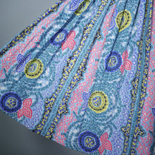 Load image into Gallery viewer, 50s LIGHT BLUE COLOURFULLY PRINTED FULL SKIRTED COTTON DRESS - S