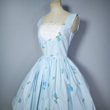 Load image into Gallery viewer, 50s CALIFORNIA COTTONS BLUE GINGHAM AND ROSE PRINT SUN DRESS - S