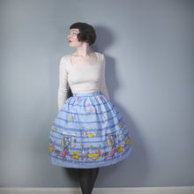 Load image into Gallery viewer, 50s BLUE STRIPED NOVELTY COTTON FULL SKIRT WITH HORSE AND CARRIAGE BORDER PRINT - 30&quot;