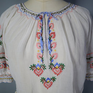 HAND EMBROIDERED 30s HUNGARIAN SHEER GAUZE COTTON FOLK BLOUSE - XS-S