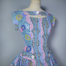 Load image into Gallery viewer, 50s LIGHT BLUE COLOURFULLY PRINTED FULL SKIRTED COTTON DRESS - S