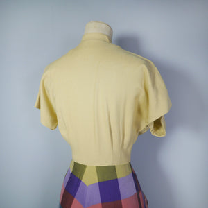 40s GENE ROGERS YELLOW DRESS WITH CHECKED SKIRT DRESS - S