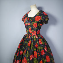 Load image into Gallery viewer, 50s A DIANA DRESS BLACK RED FLORAL ROSE PRINT TAFFETA DRESS - XS