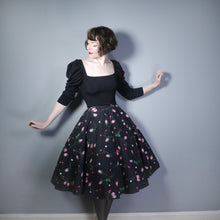 Load image into Gallery viewer, BLACK 50s COTTON STEMMED ROSE FLORAL FULL SKIRT - 25.5&quot;