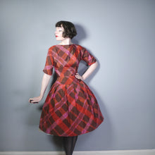 Load image into Gallery viewer, 50s 60s TOWN TEMPO DARK RED PAINTERLY CHECK DROP WAIST DRESS WITH FULL SKIRT - XS