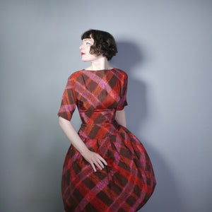 50s 60s TOWN TEMPO DARK RED PAINTERLY CHECK DROP WAIST DRESS WITH FULL SKIRT - XS