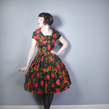 Load image into Gallery viewer, 50s A DIANA DRESS BLACK RED FLORAL ROSE PRINT TAFFETA DRESS - XS