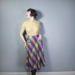 40s GENE ROGERS YELLOW DRESS WITH CHECKED SKIRT DRESS - S