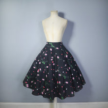 Load image into Gallery viewer, BLACK 50s COTTON STEMMED ROSE FLORAL FULL SKIRT - 25.5&quot;