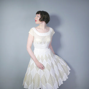 WHITE 50s DIAMOND BRODERIE ANGLAISE PATCHWORK SUMMER DRESS - XS