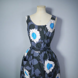 60s BLACK BUTTON THROUGH DAY DRESS WITH BIG FLORAL PRINT - S