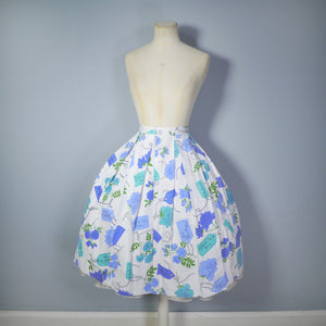 50s 60s FULL COTTON SKIRT IN BLUE AND WHITE WITH LABELED ROSE PRINT - 26"
