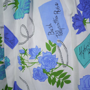 50s 60s FULL COTTON SKIRT IN BLUE AND WHITE WITH LABELED ROSE PRINT - 26"
