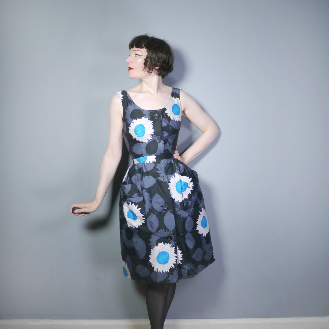 60s BLACK BUTTON THROUGH DAY DRESS WITH BIG FLORAL PRINT - S