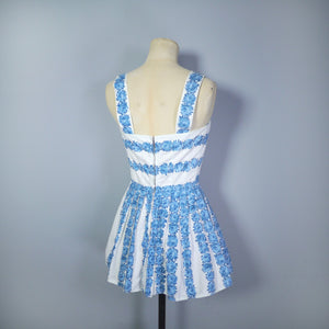 50s 2 PIECE BLUE FLORAL FULL SKIRT AND PEPUM SUN TOP / DRESS SET - XS