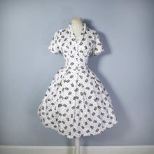 Load image into Gallery viewer, 50s 60s TEXTURE WHITE COTTON DRESS WITH SMALL ROSE PRINT - S