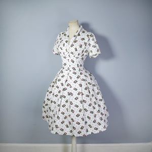 50s 60s TEXTURE WHITE COTTON DRESS WITH SMALL ROSE PRINT - S