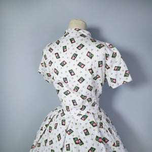 50s 60s TEXTURE WHITE COTTON DRESS WITH SMALL ROSE PRINT - S