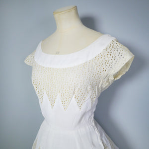 WHITE 50s DIAMOND BRODERIE ANGLAISE PATCHWORK SUMMER DRESS - XS