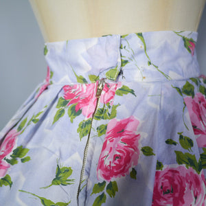 PALE GREY WITH PINK CABBAGE ROSE PRINT HANDMADE 50s SKIRT - 25"
